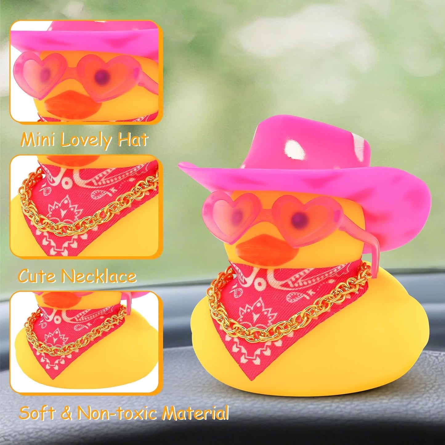 Quackly Pink Cowboy Rubber Duck, Car Dashboard Decoration Ducks with Cowboy Hat Necklace Sunglasses, White