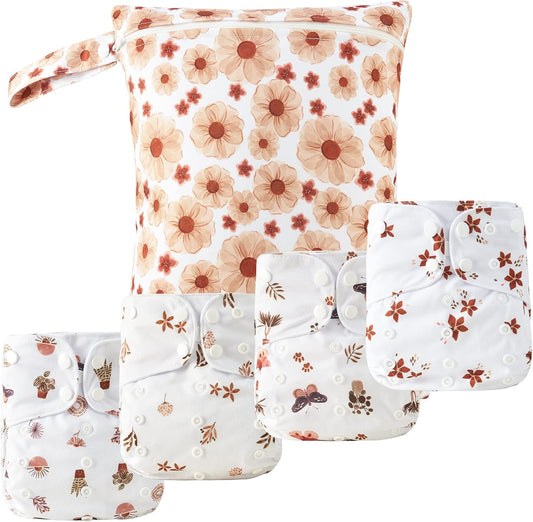 HappyFlute 9 Sets Newborn Baby Cloth Pocket Diapers One Size Adjustable Reusable for Baby Boys and Girls(6-33 pounds,0-3 Years),One Wet Bag+4Diapers and 4Inserts