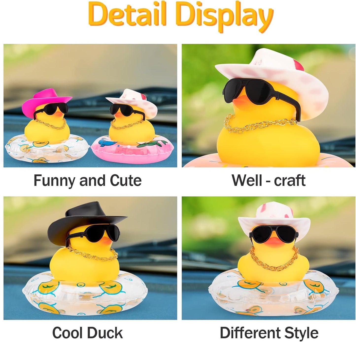 wonuu Car Rubber Duck, Yellow Duck Decoration Dashboard with Sun Hat Swim Ring Necklace Sunglasses for Car Dashboard Decorations, Pink White Cowboy Hat-Transparent