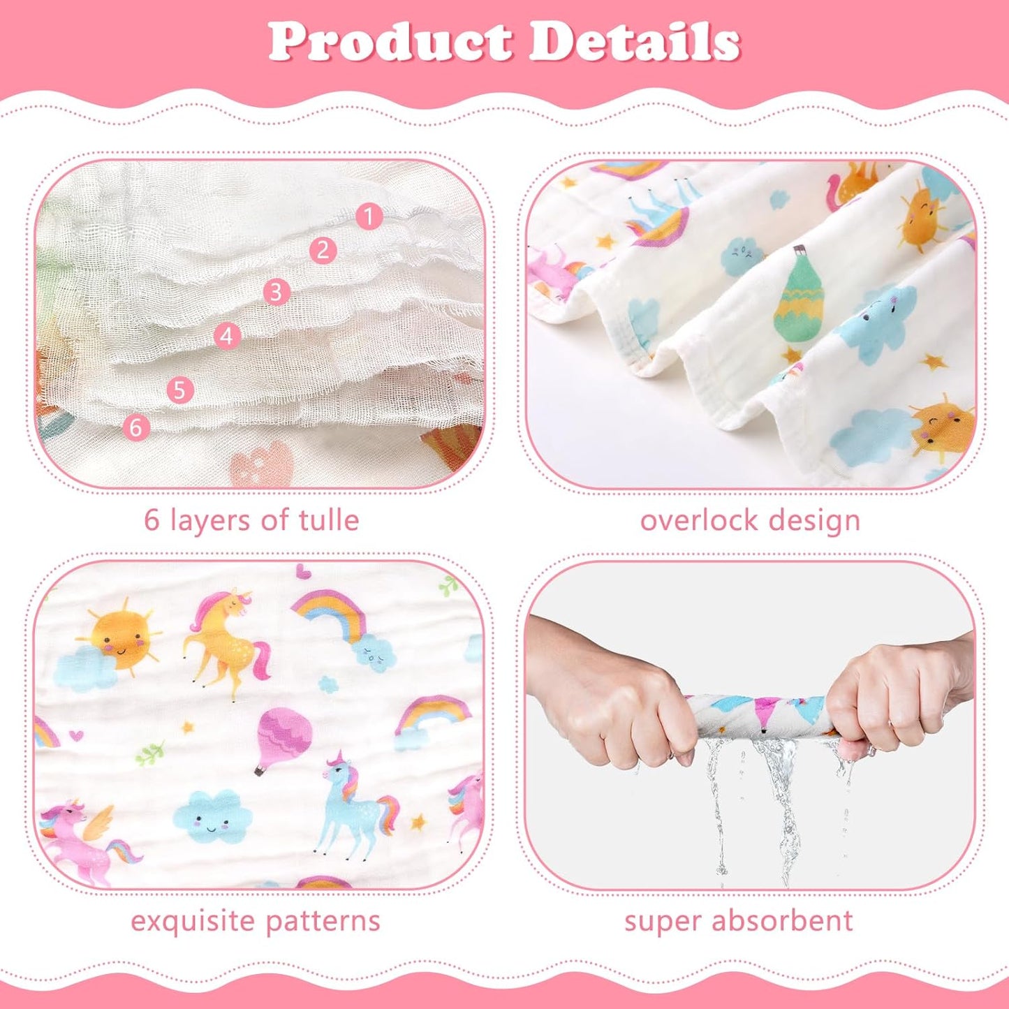 Baby Burp Cloths Muslin Washcloths 6 Pack Muslin Burp Cloths 100% Cotton Large 20''x12'' Soft 6 Layers Baby Burp Rags for Boys Girls Baby Essentials for Newborn Gift Machine Washable