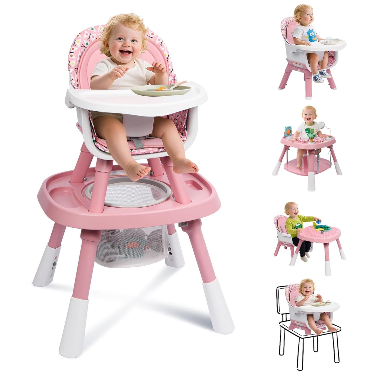 15 in 1 Convertiable High Chair for Babies and Toddlers, 2 in 1 Highchair & Activity Center w/Toys, Booster Seat, Toddler Chair w/5-Point Harness & Removable Tray & 2-Layer Cusion (Pink)