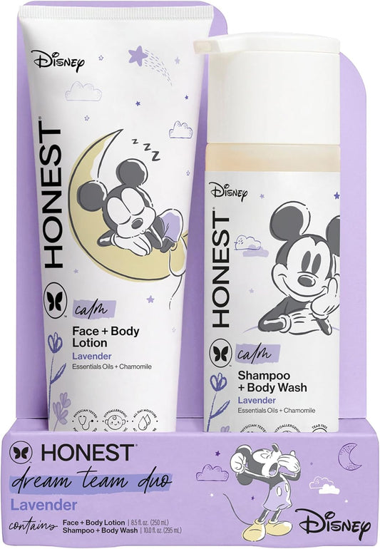 The Honest Company 2-in-1 Cleansing Shampoo and Body Wash and Face and Body Lotion Bundle and Disney Design Gentle Enough for Baby Dermatologist Tested Calm Lavender 18.5 fl oz