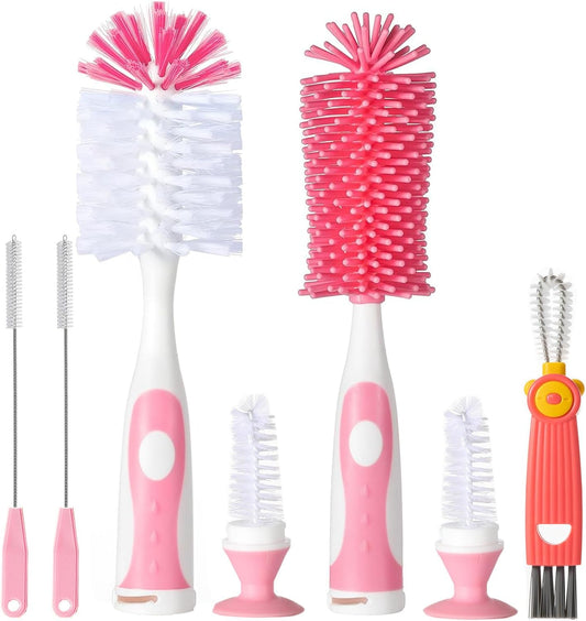 5 in 1 Bottle Cleaner Brush Set with Nylon and Silicone Bottle Brush, Straw Brush, Bottle Brush with Nipple Cleaner and Suction Cup, Cup Lid Cleaner Brushes Kit, BPA-Free (Pink)