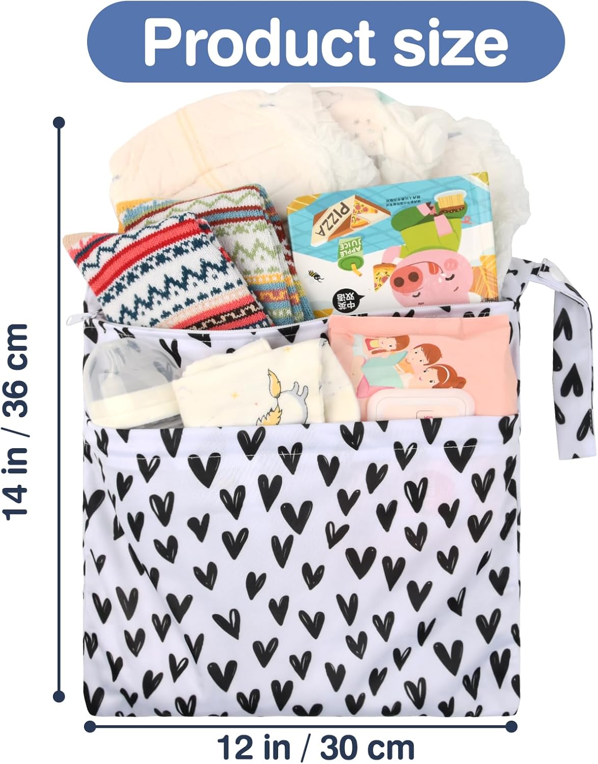 2pcs Cloth Diaper Wet Dry Bags Waterproof Reusable with Two Zippered Pockets Travel Beach Pool Daycare Soiled Baby Items Yoga Gym Bag for Swimsuits or Wet Clothes-Black Hearts