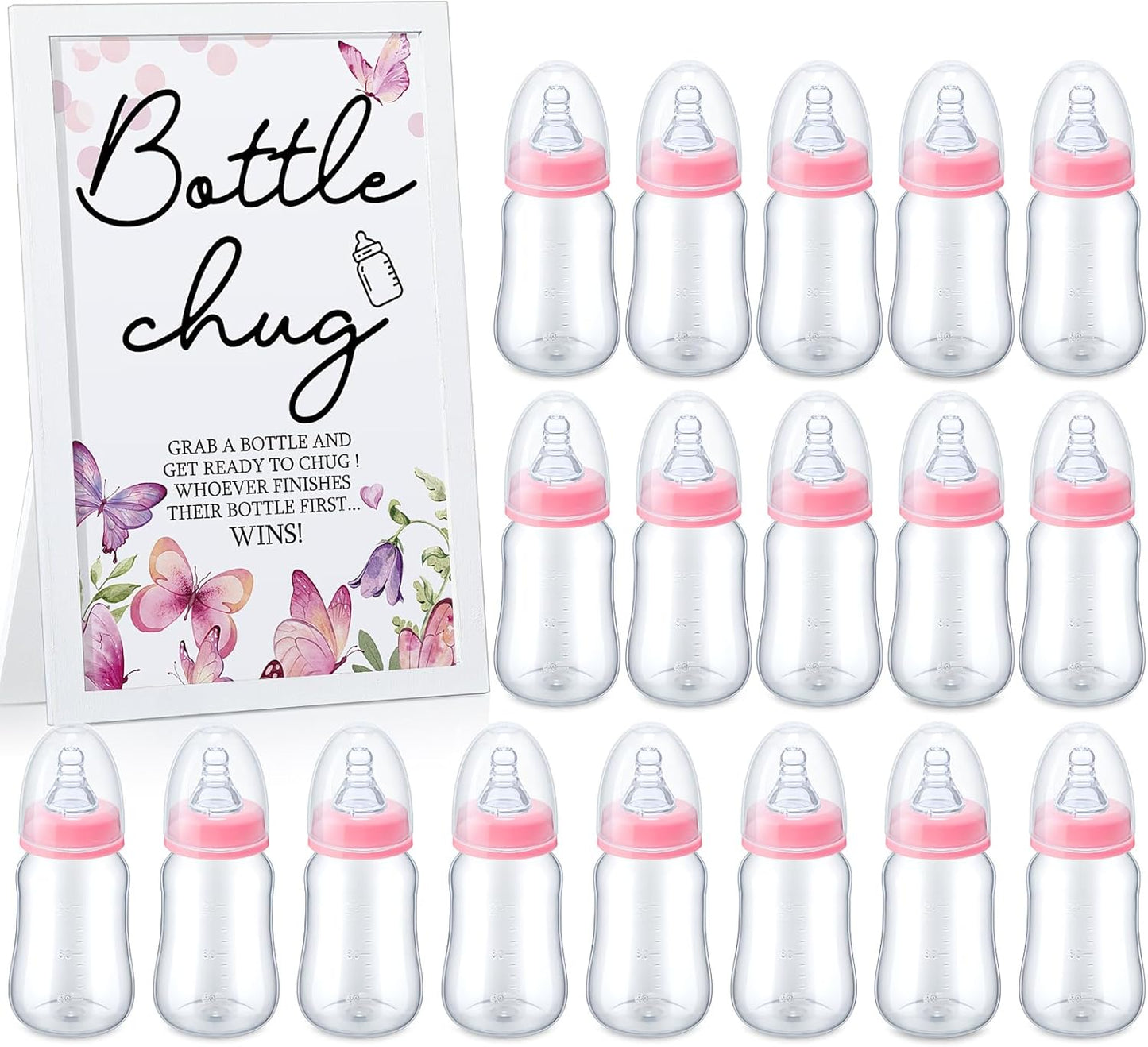 Roowest Bottle Chug Baby Shower Game Favors Including Pink Butterfly Theme Wooden Sign and 18 Pcs Feeding Bottles for Gender Reveal Party Supplies