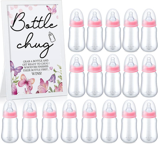 Roowest Bottle Chug Baby Shower Game Favors Including Pink Butterfly Theme Wooden Sign and 18 Pcs Feeding Bottles for Gender Reveal Party Supplies