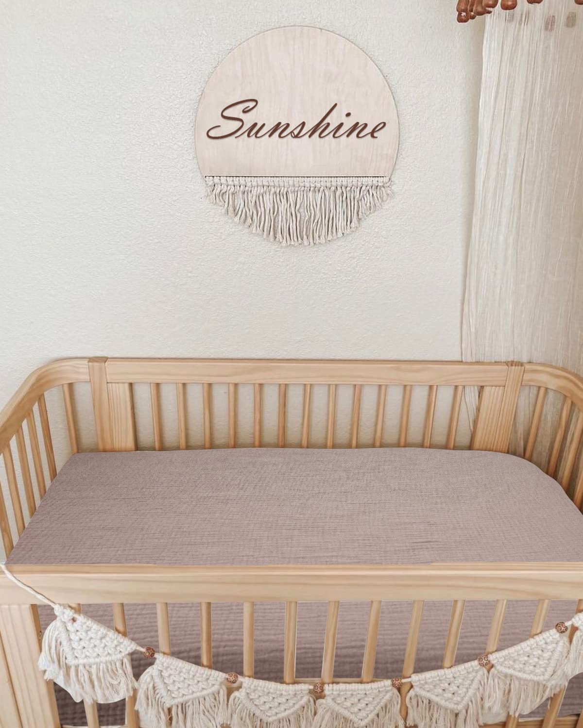 Mini Crib Sheets for Baby, Fitted Pack N Play Mattress and Mini Cribs 24" x 38", Neutral Muslin Cotton Mini Crib Mattress Sheet with Boho Style, Soft and Breathable Comfort (Vintage Taupe)