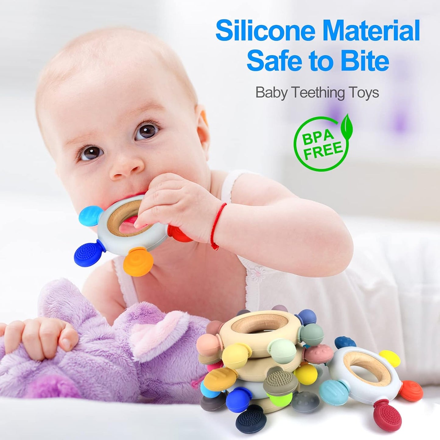 Baby Teething Toys Silicone Teethers BPA Free Silicone Rudder with Wooden Ring Soothe Babies Gums (Ocean)
