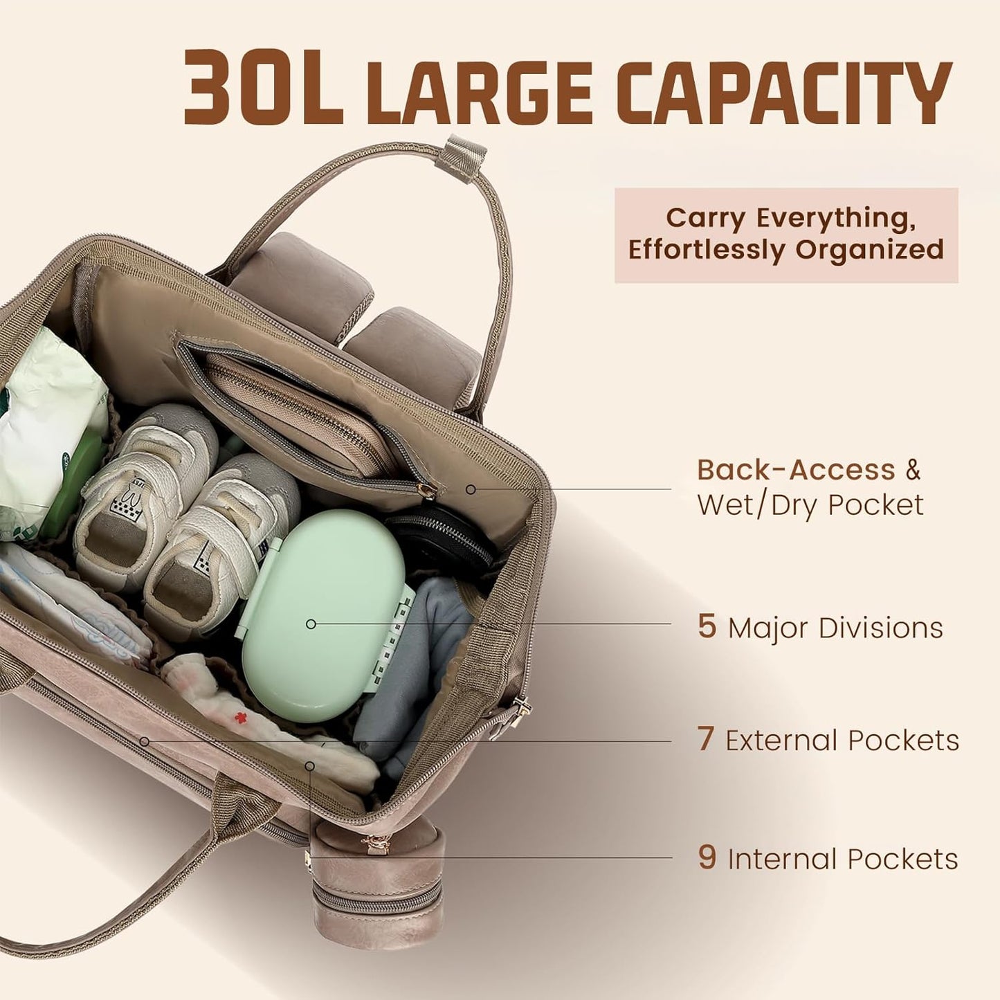 Premium Vegan Leather Diaper Bag Backpack with Waterproof Changing Pad – Reinforced Stitching & Zippers, Baby Bag for Boy Girl, Stroller Straps, Ergonomic Design for Traveling Moms, Taupe
