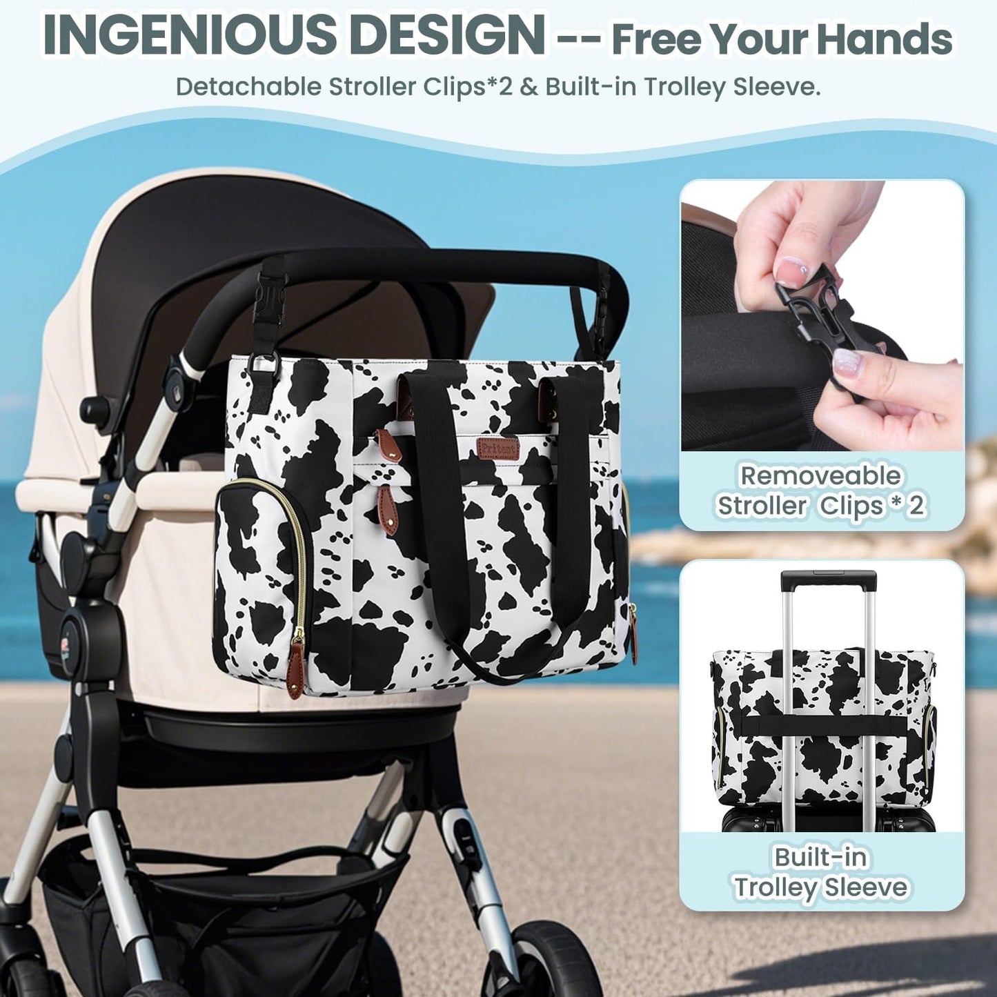 Diaper Bag Tote for Working Mom, Large Travel Diaper Tote for Mom and Dad with 14 Inch Laptop Sleeve, Mommy Maternity Travel Baby Bag for Boys and Girls, Cowprint