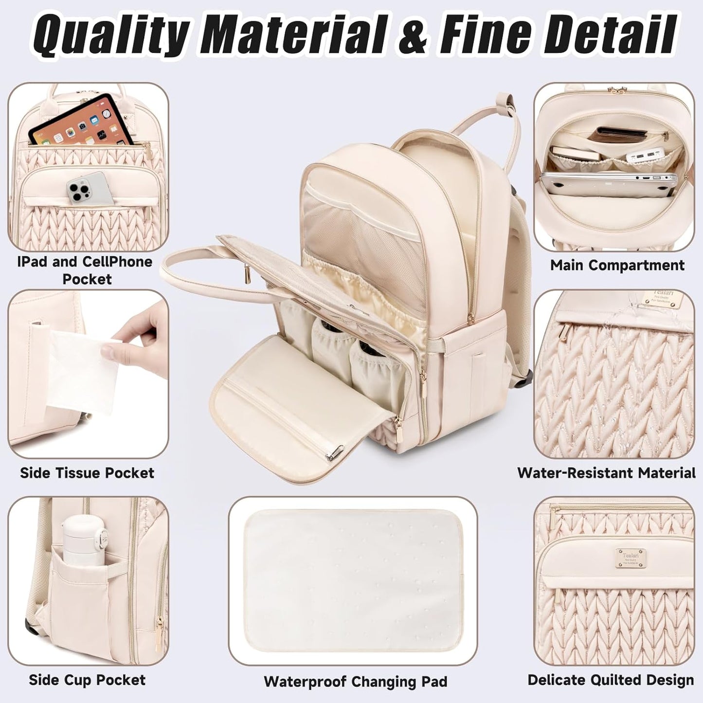 Diaper Bag Backpack,Stylish Baby Diaper Bag,Waterproof Travel Diaper Backpacks Baby Bags with Changing Pad,Stroller Straps,Insulated Pockets (Beige)