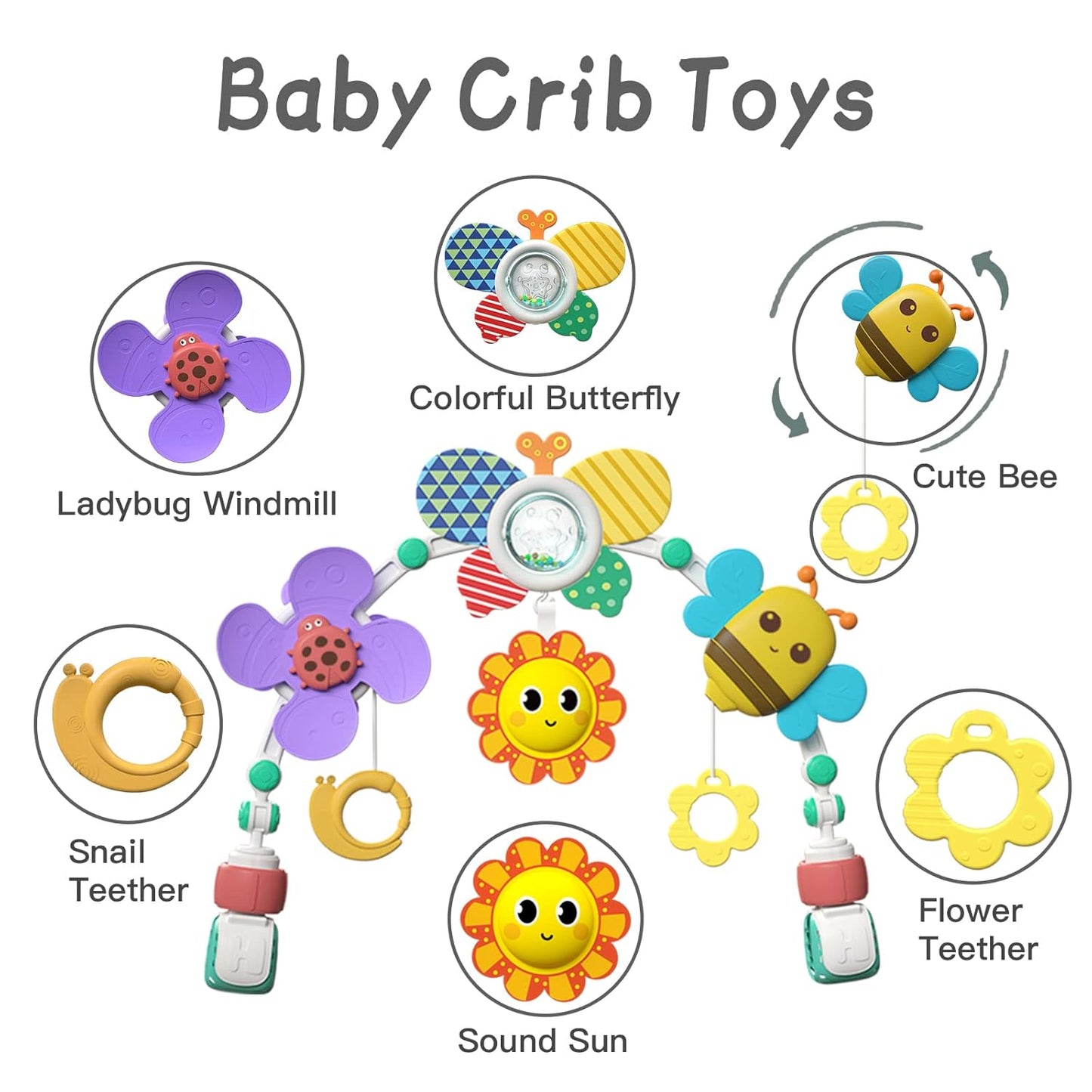 Eners Baby Play Arch Crib Toys, Activity Arch Toy, Crib Mobile for Pack and Play, Mobile for Bassinet, Crib Toys for Babies Boys Girls (Yellow)
