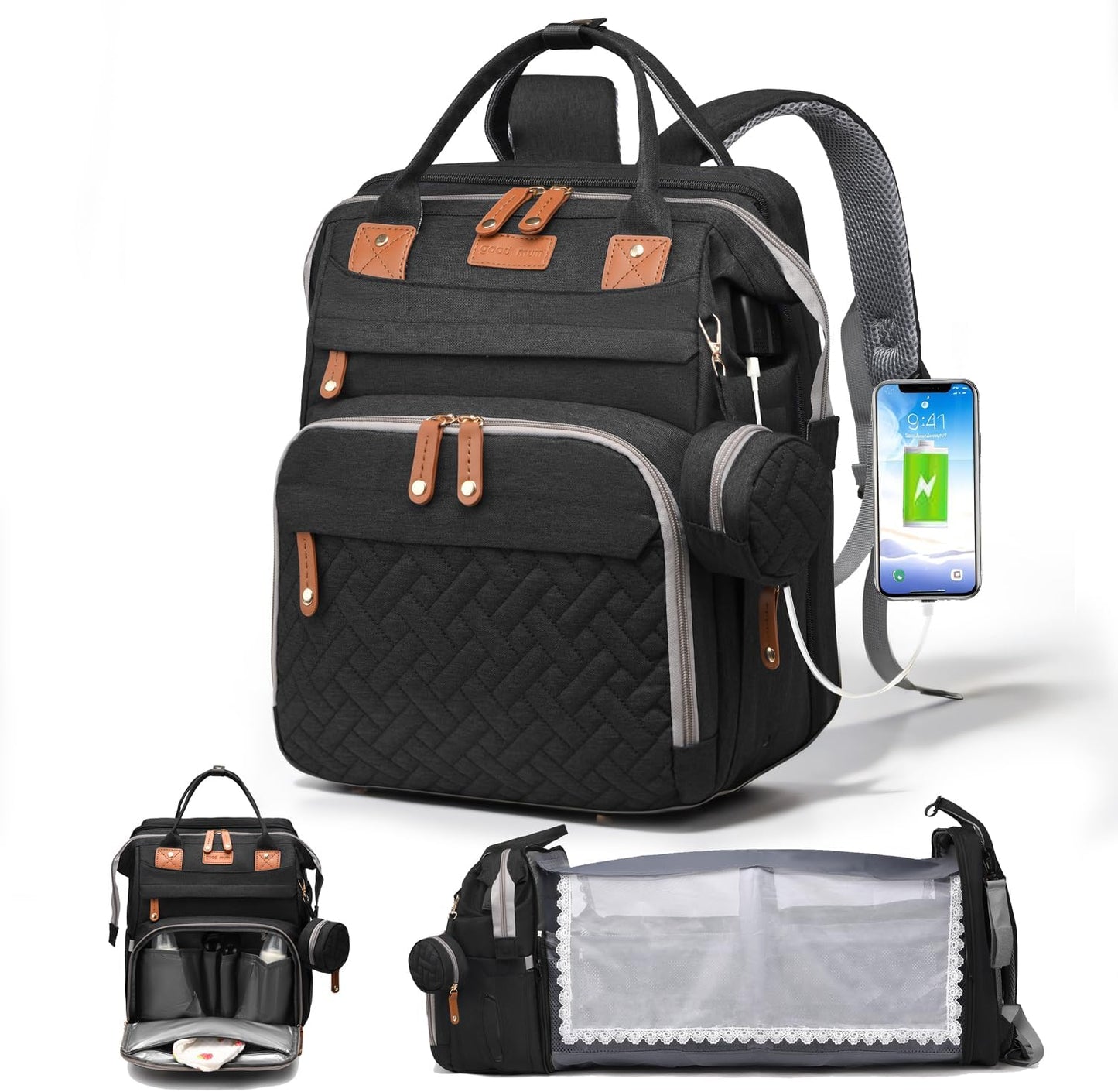 Diaper Bag with Changing Station, Multifunction Travel Baby Bag, Waterproof Baby Tote, Large Capacity Mommy Bag, Newborn Essentials Backpack Bag, Unisex, Black
