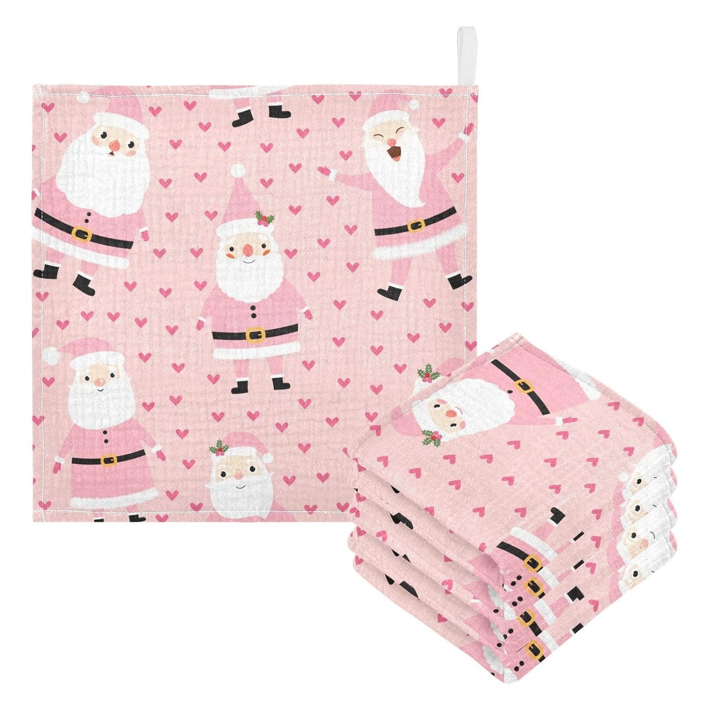 Pink Christmas Santa Claus Muslin Burp Cloths Baby Burp Cloths for Boys Girls Cute Hearts Baby Muslin Washcloths Baby Essentials for Newborn Soft Absorbent 12x12in,3 Pack