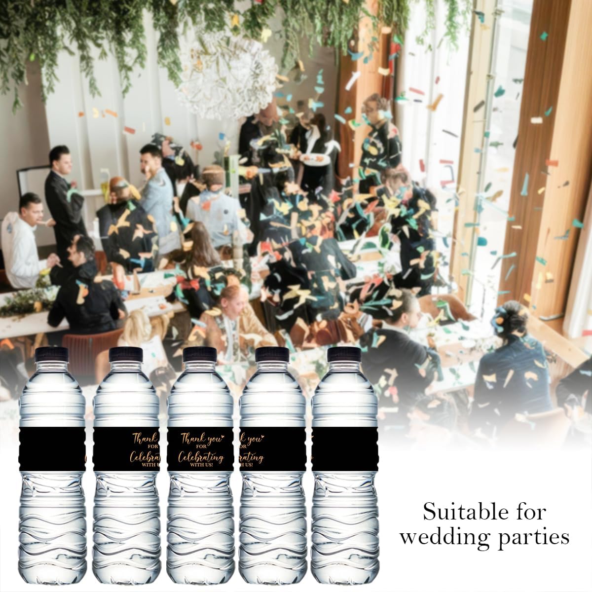 100PCS Wedding Water Bottle Labels Waterproof Greenery Floral Wraps Sticker for Water Bottle Baby Shower Bottle Label for Bridal Shower Party Thanks（Black）