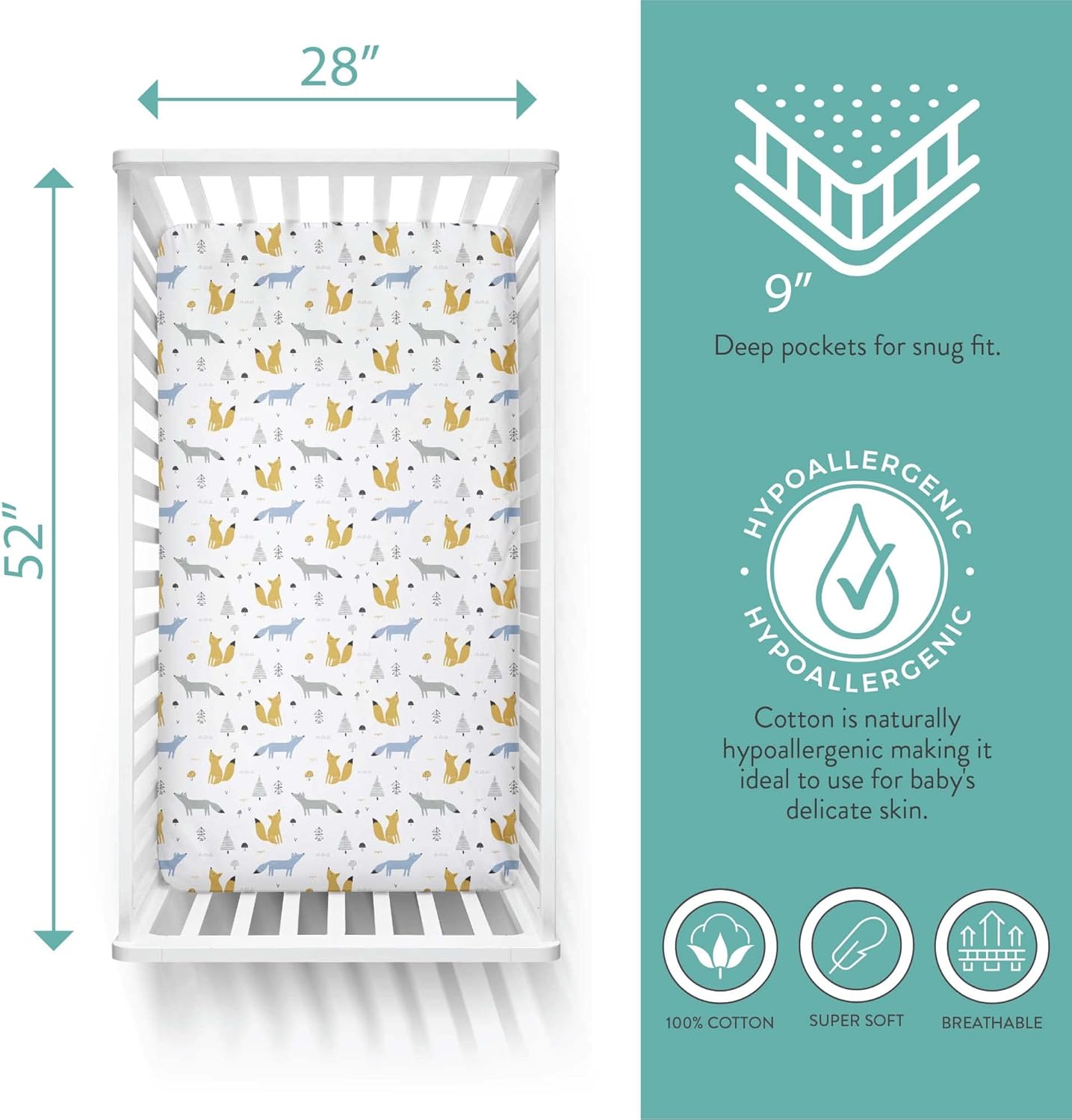Featherhead™ 2-Pack Fitted Crib Sheets - 100% Cotton - 52" x 28" x 9" for Standard Crib and Toddler Mattress (Percale Blue Foxes)