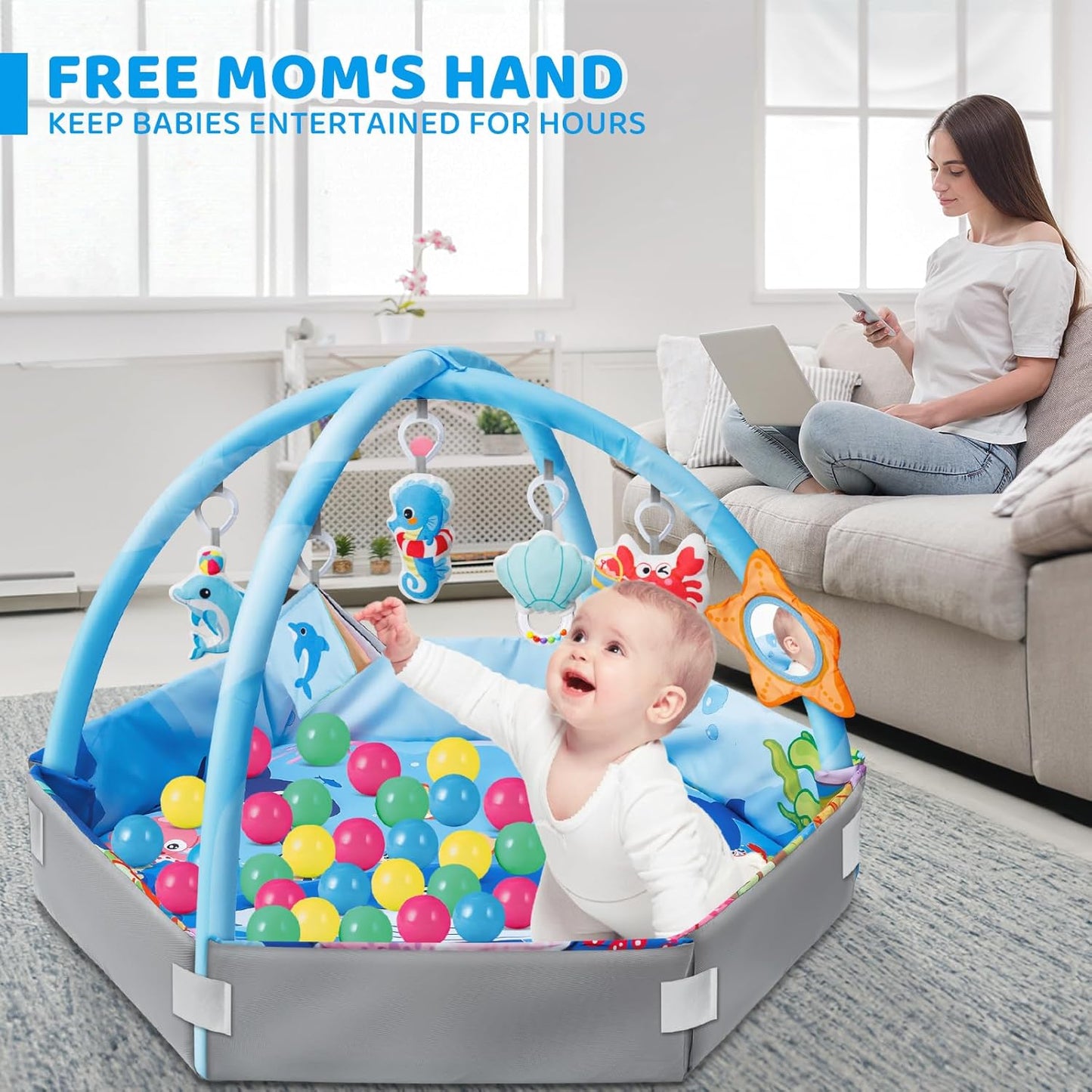 Baby Gym Play Mat, 8-in-1 Ocean Theme Tummy Time Mat & Ball Pit, Washable Baby Activity Play Mat for Visual, Hearing, Sensory, Motor Development, Baby Toys Gift for Toddler Infant 0-3-6-9-12-18 Months