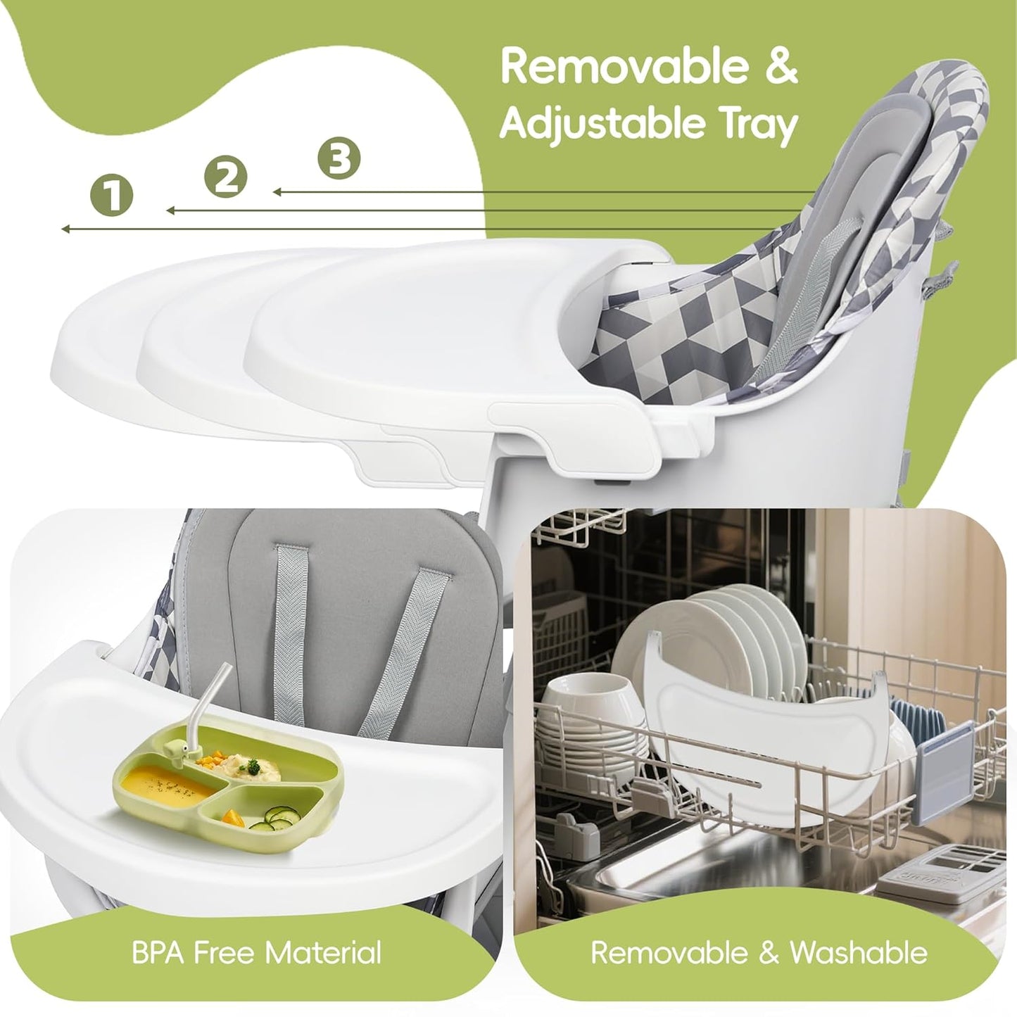 15 in 1 Convertiable High Chair for Babies and Toddlers, 2 in 1 Highchair & Activity Center w/Toys, Booster Seat, Toddler Chair w/5-Point Harness & Removable Tray & 2-Layer Cusion (Grey)