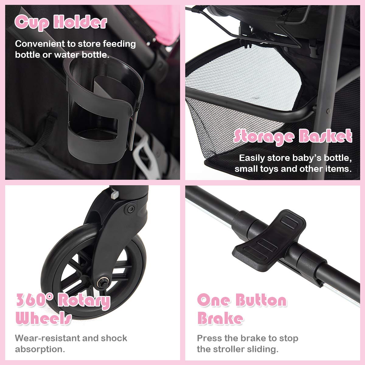 BABY JOY Baby Stroller, 2 in 1 Convertible Carriage Bassinet to Stroller, Pushchair with Foot Cover, Cup Holder, Large Storage Space, Wheels Suspension, 5-Point Harness (Pink)