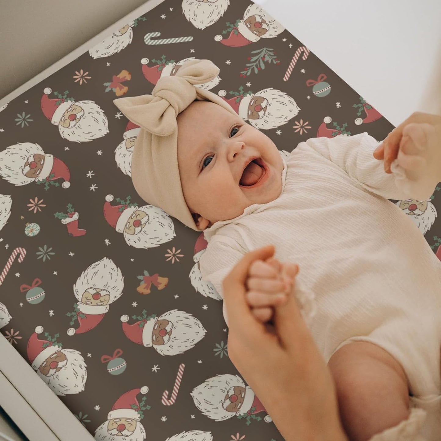 Retro Christmas Santa Claus Baby Changing Pad Covers for Boy Girl Cute Santa Candy Stockings Fir Fitted Changing Table Cover Mats Winter Holiday Festive Soft Diaper Change Table Cover Sheets 32''×16''