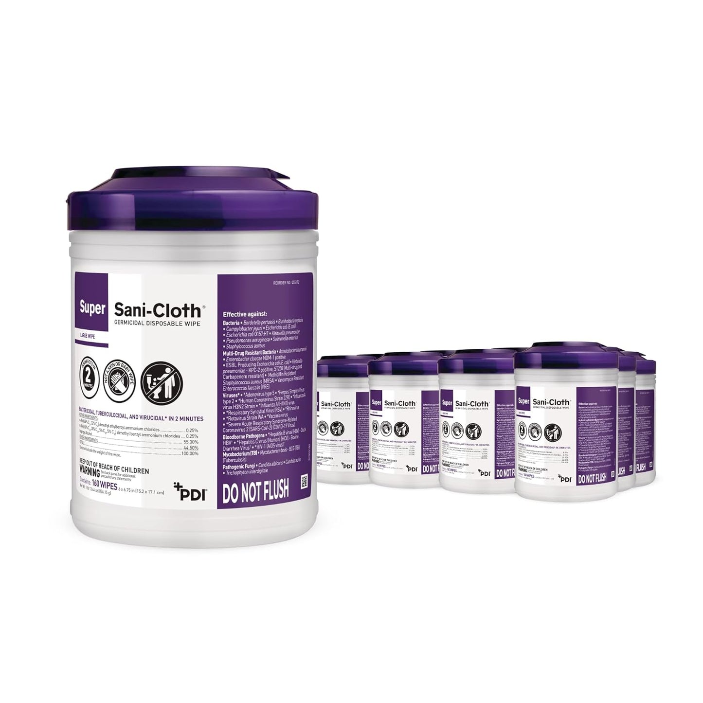 Super Sani-Cloth Germicidal Disposable Wipe, Hospital Grade Disinfection, 160 Large 6" x 6.75" Wipes Each, Case of 12 Canisters
