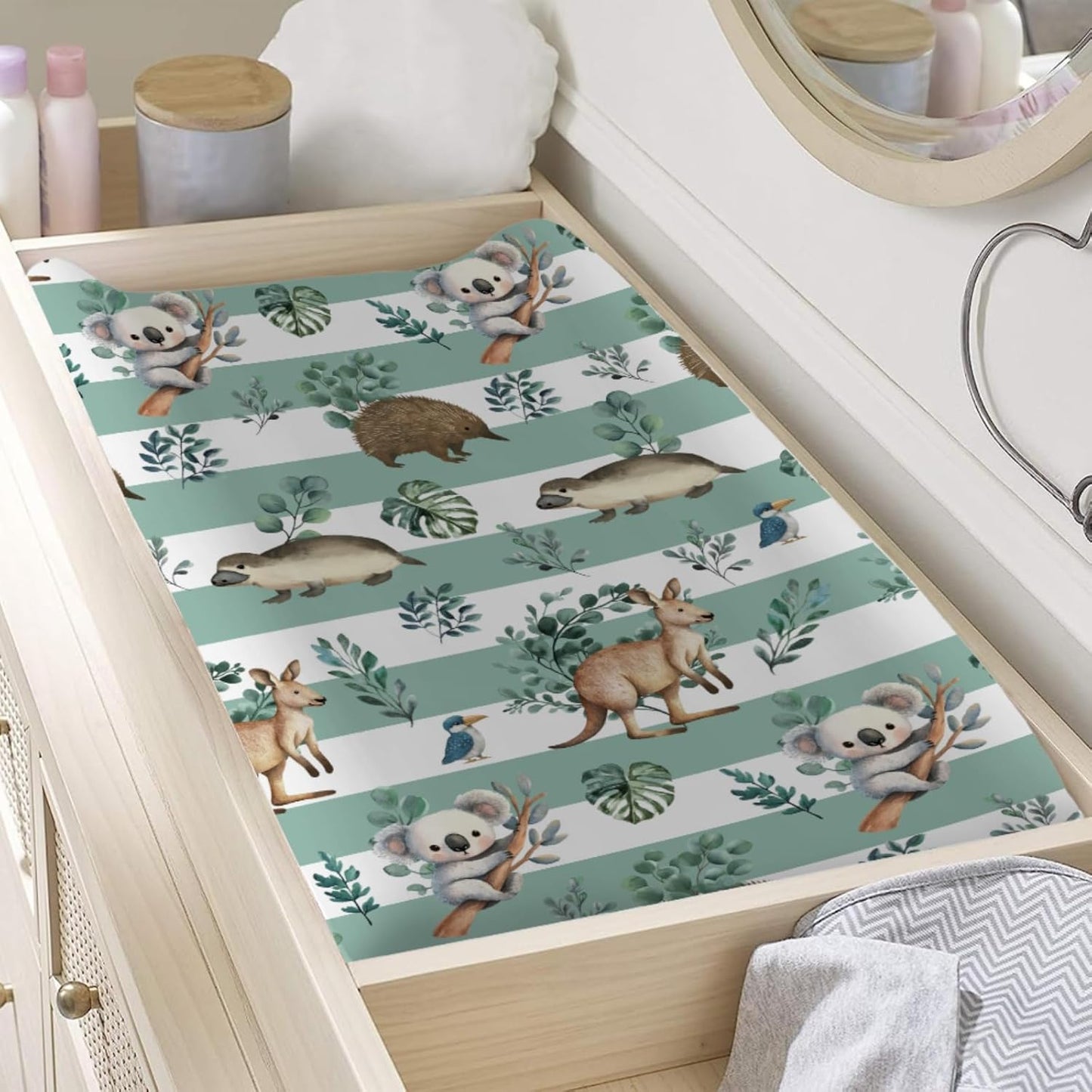 Baby Australian Animals Baby Changing Pad Covers for Boy Girl 32''x16'' Cute Koala Green Tropical Leaves Fitted Diaper Change Table Sheets Baby Animals Stripes Soft Breathable Baby Changing Table Mats