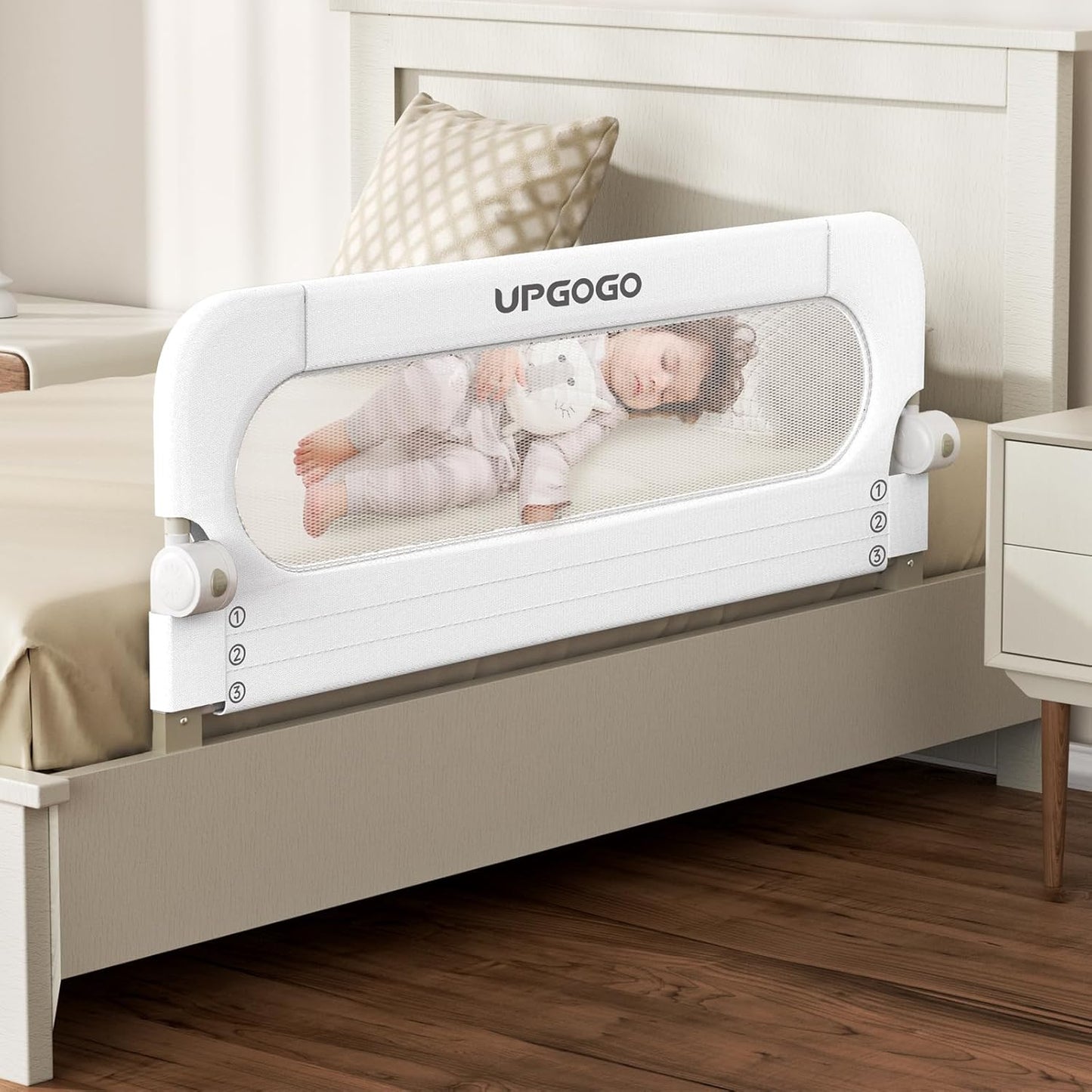 Folding Bed Rail for Toddlers,Baby Bed Rail Guard with Reinforced Anchor Safety System,Fit Bunk,Full Size,Queen,King,Twin(White,43"x23.6")