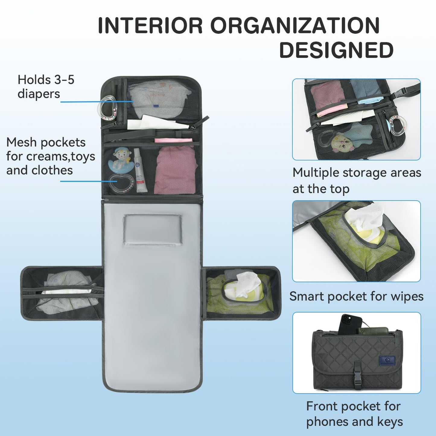 2-in-1 Diaper Changing Pad with Detachable Storage, Quilted Design, Waterproof, Travel-Friendly