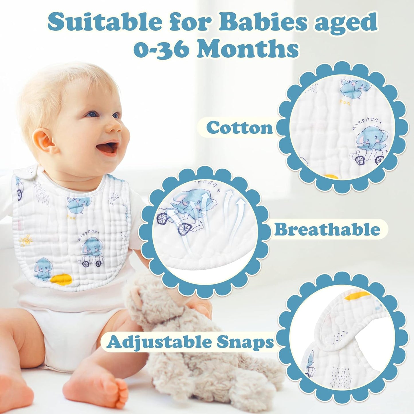 Zainpe 6Pcs Snap Muslin Cotton Baby Bibs Elephant Whale Rabbit Pattern Feeding Bib Adjustable Machine Washable Unisex Burp Cloths with 6 Absorbent & Soft Layers for Boys Girls Drooling Teething Eating