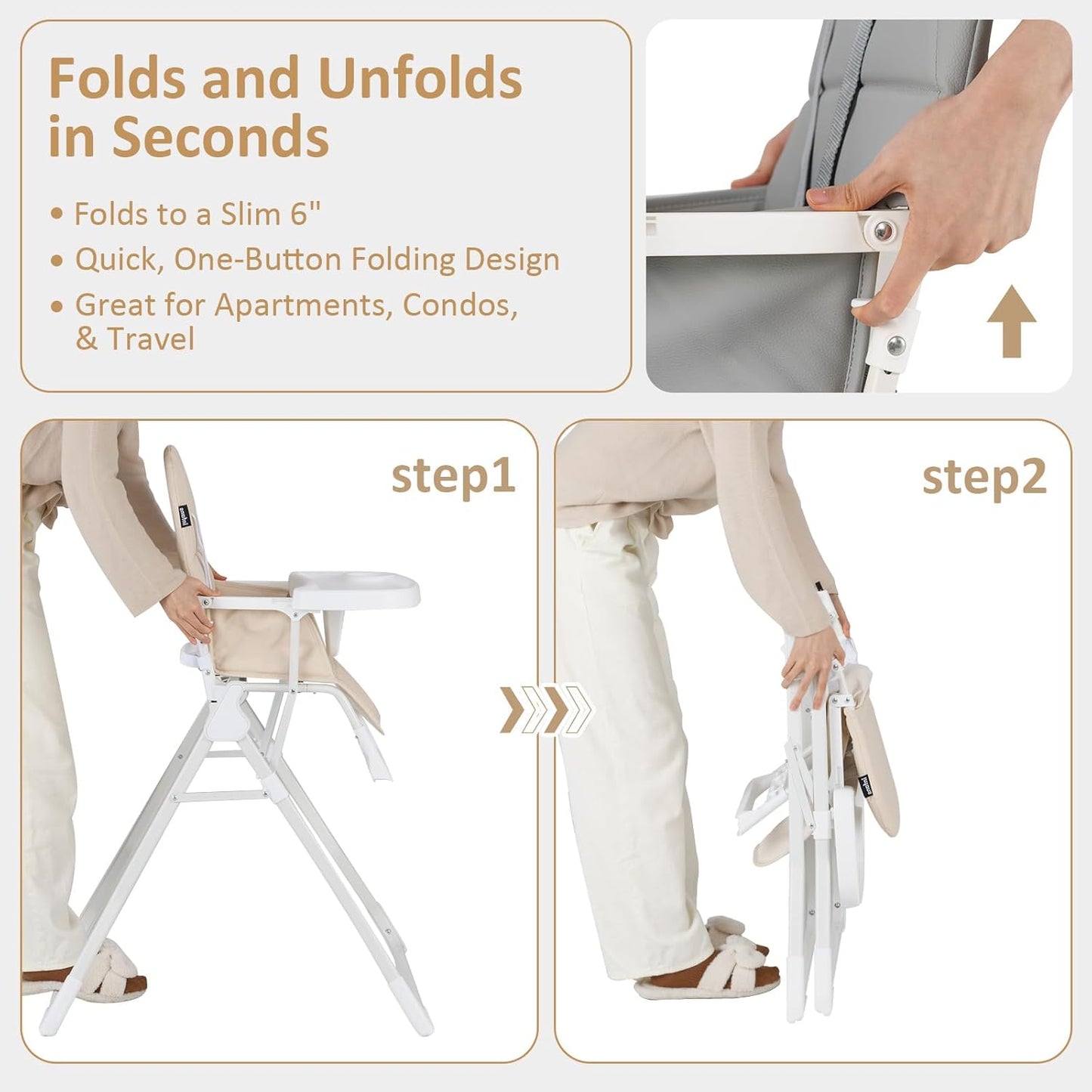INFANS Baby High Chair, Quick Folding Portable Highchair for Babies and Toddlers with Adjustable Footrest Removable Dishwasher Tray PU Seat, Compact Highchairs for Baby Age 6-36 Months (Beige)