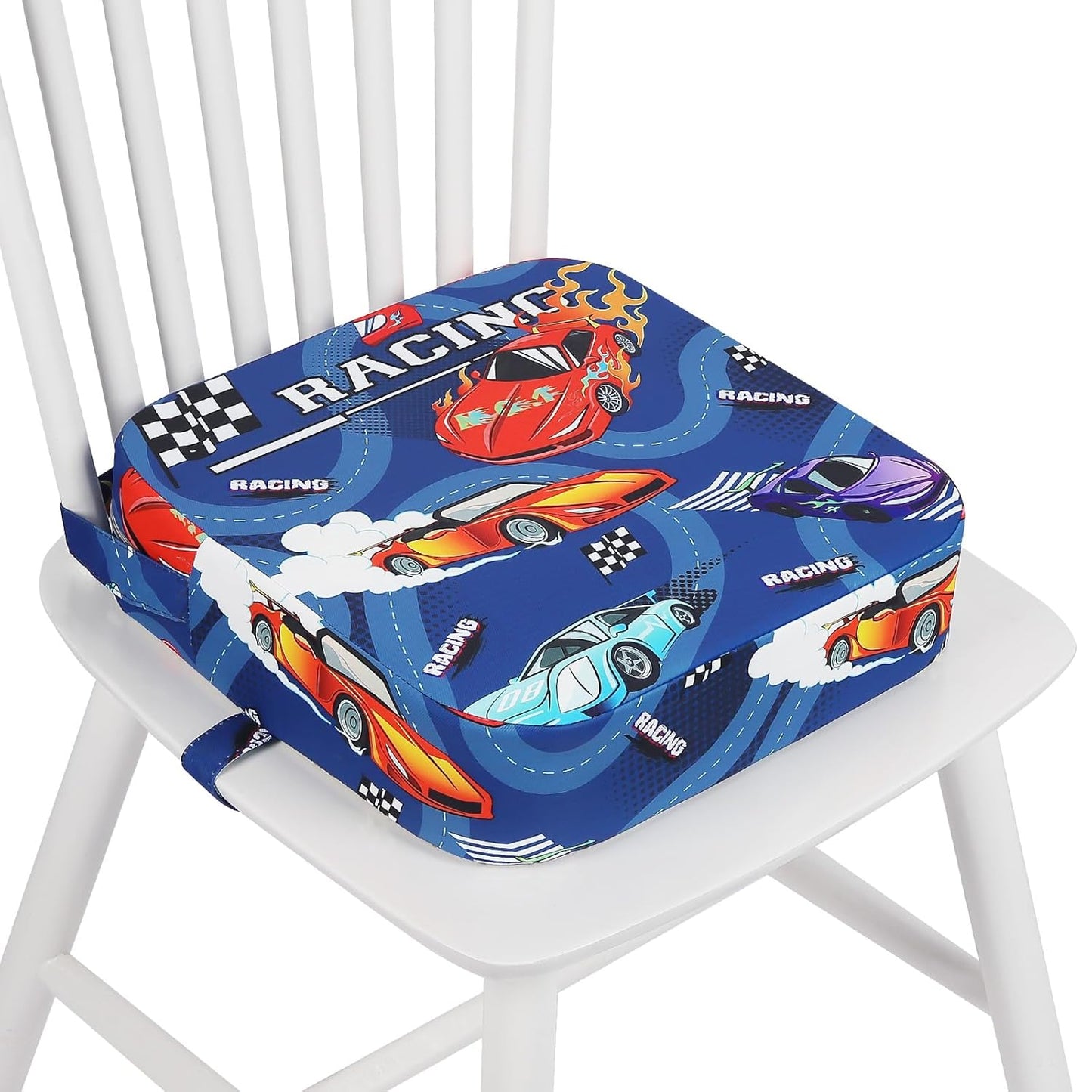 Toddler Booster Seat for Dining Table, Kids Booster Seat for Kitchen Chair with Non-Slip Bottom, Portable Detachable Washable Increasing Cushion with 2 Adjustable Straps (Racing car)