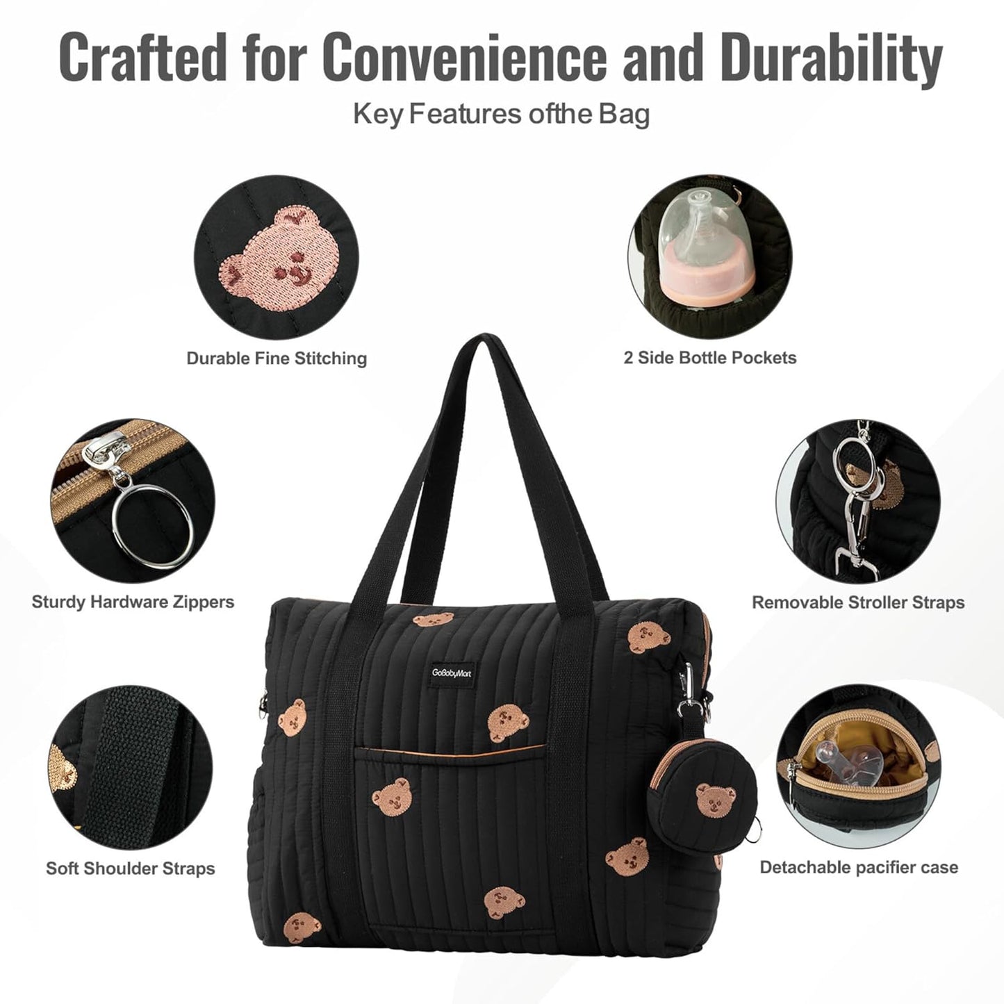 Large Diaper Bag Tote, Maternity Hospital Travel diaper tote, Multifunction baby bag, Baby Nappy Bags, Messenger bag (Medium - Black Bears)