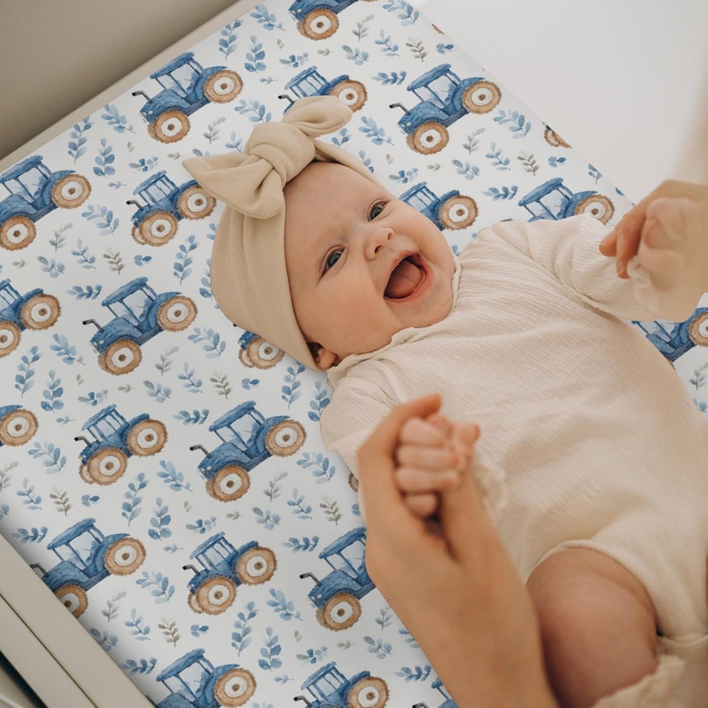 Watercolor Blue Tractors Baby Changing Pad Covers for Boy Girl Farm Tractors Boho Leaves Fitted Change Table Mats Farm Life Soft Diaper Change Table Cover Sheets for 32''×16'' Contoured Pad