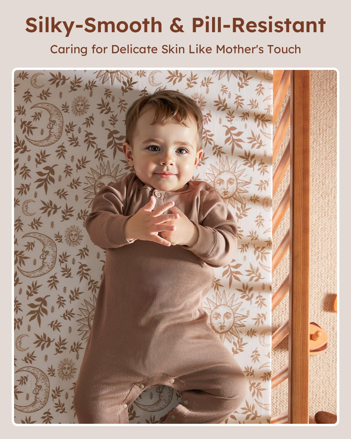Baby Crib Sheets for Boys Girls, 28x52x8in Fitted Crib Sheet Neutral 3 Pack for Standard Crib and Toddler Mattress, Breathable Soft Microfiber Baby Sheet White Brown Sun God
