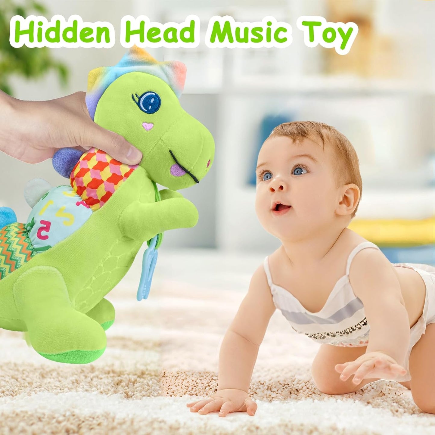 Baby Dino Plush Soft Stuffed Animal Toy for 0-3-6-12+ Months,Infant Musical Toy with Rattle,Squeaker,Sensory Crinkle,Teether & Textures,Tummy Time Toys Christmas Baby Gift for Newborn Girl Boy (Green)