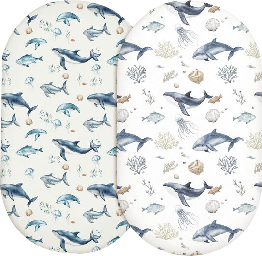 Bassinet Sheets for Baby Girls Boys 2 Pack, Fitted Baby Mattress Sheet for Rectangle, Oval, Hourglass Bassinet Mattress, Breathable Cozy & Universal Fit (Aquatic Adventures)