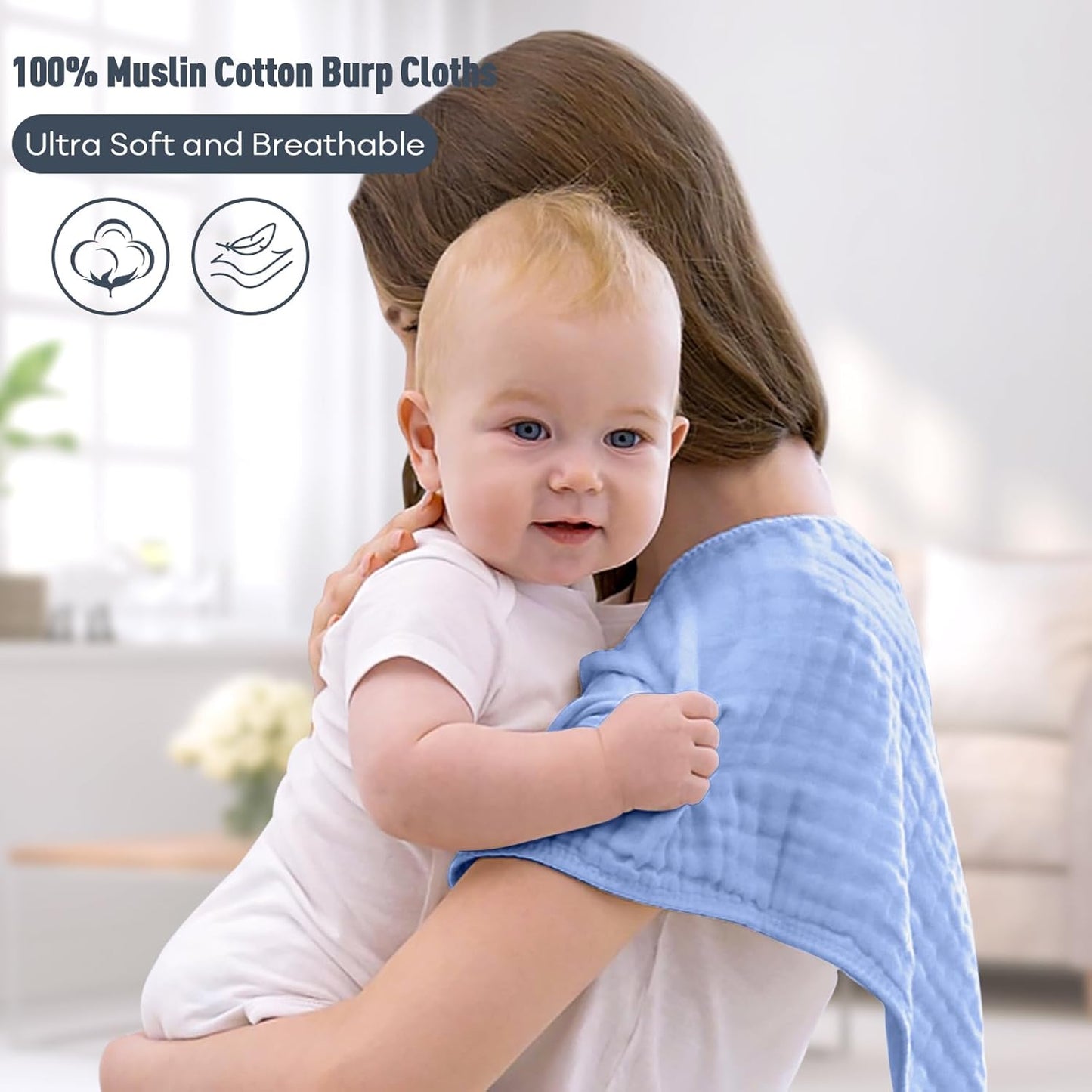 Yoofoss Muslin Burp Cloths for Baby 10 Pack 100% Cotton Baby Washcloths for Boys Girls Large 20''X10'' Super Soft and Absorbent Progressive Blue