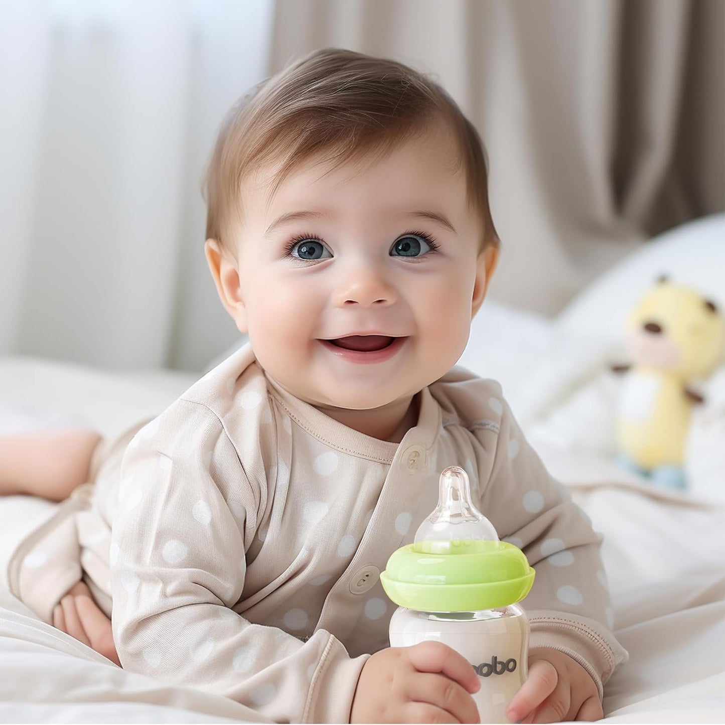 YOHKOH Natural Glass Baby Bottle with Natural Response Nipple, Newborn Anti-Colic Baby Bottles, Wide Neck Mushroom Cap Baby Bottle, Clear (Green, 3.4oz (Pack of 2))