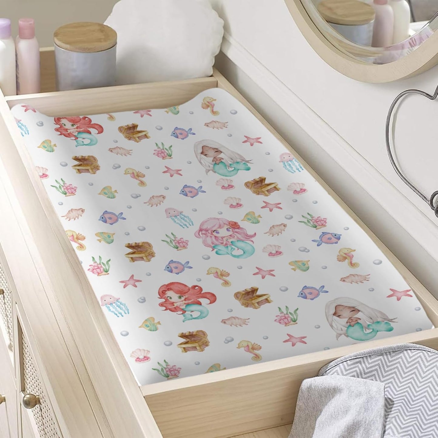 Watercolor Mermaids Changing Pad Covers Ocean Animals Fish Sea Horse Jellyfish Conch Coral Diaper Change Table Sheets for Boy Girl Soft Breathable Stretch Baby Change Table Pad Mats Covers 32''x16''