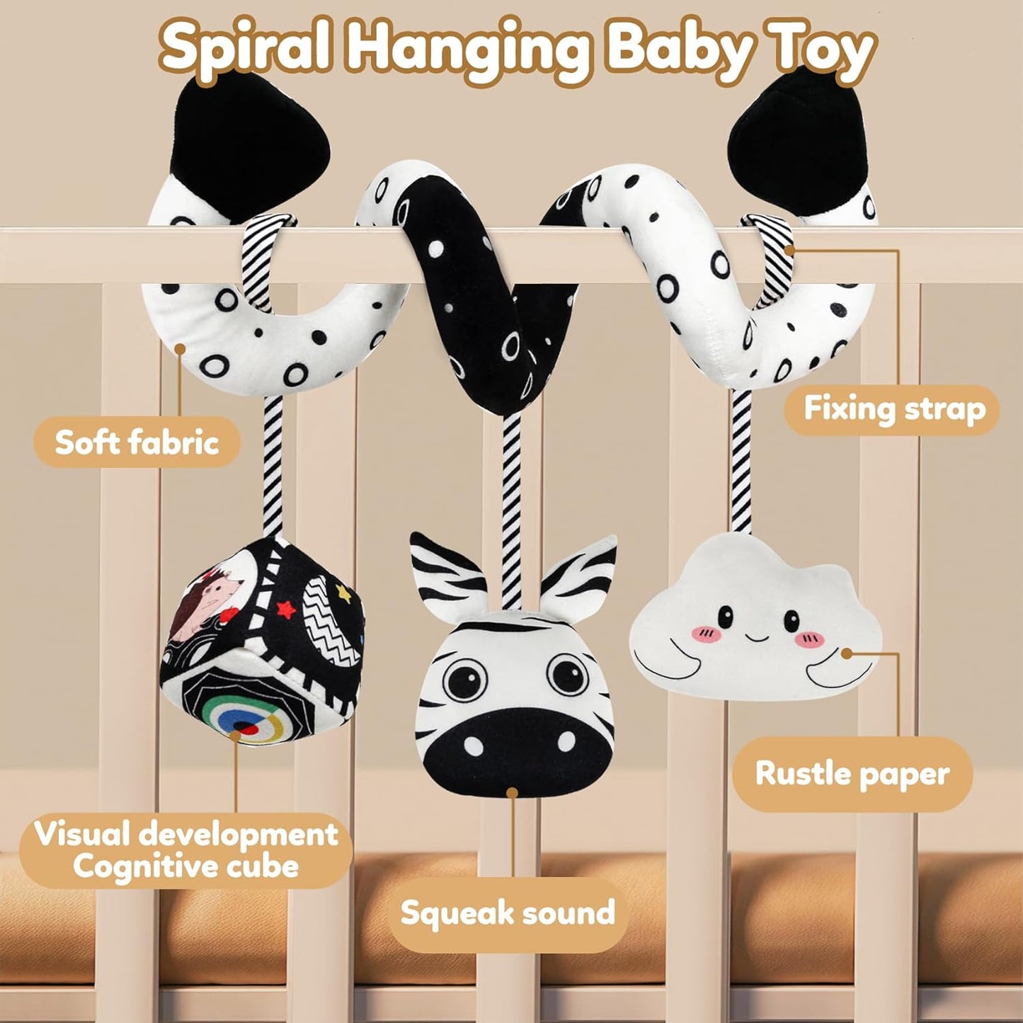 Baby Spiral Hanging Stroller and Car Seat Toys Black and White High Contrast Sensory Toy Newborn Plush Activity Toys Party Favors Gifts for Baby Shower -Zebra