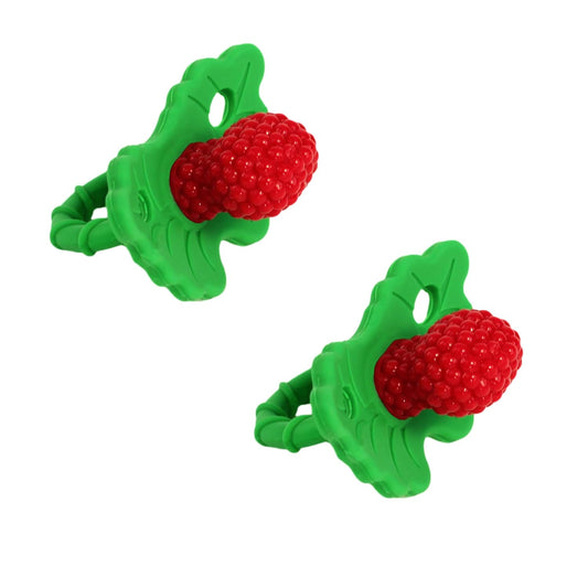 RaZbaby RaZberry Silicone Teether Pacifier – Teething Relief for Infants, Food-Grade, BPA-Free, Hands-Free, Natural Berrybumps Fruit Texture for Sensory Development, Freezable, 2-Pack - Red/Green