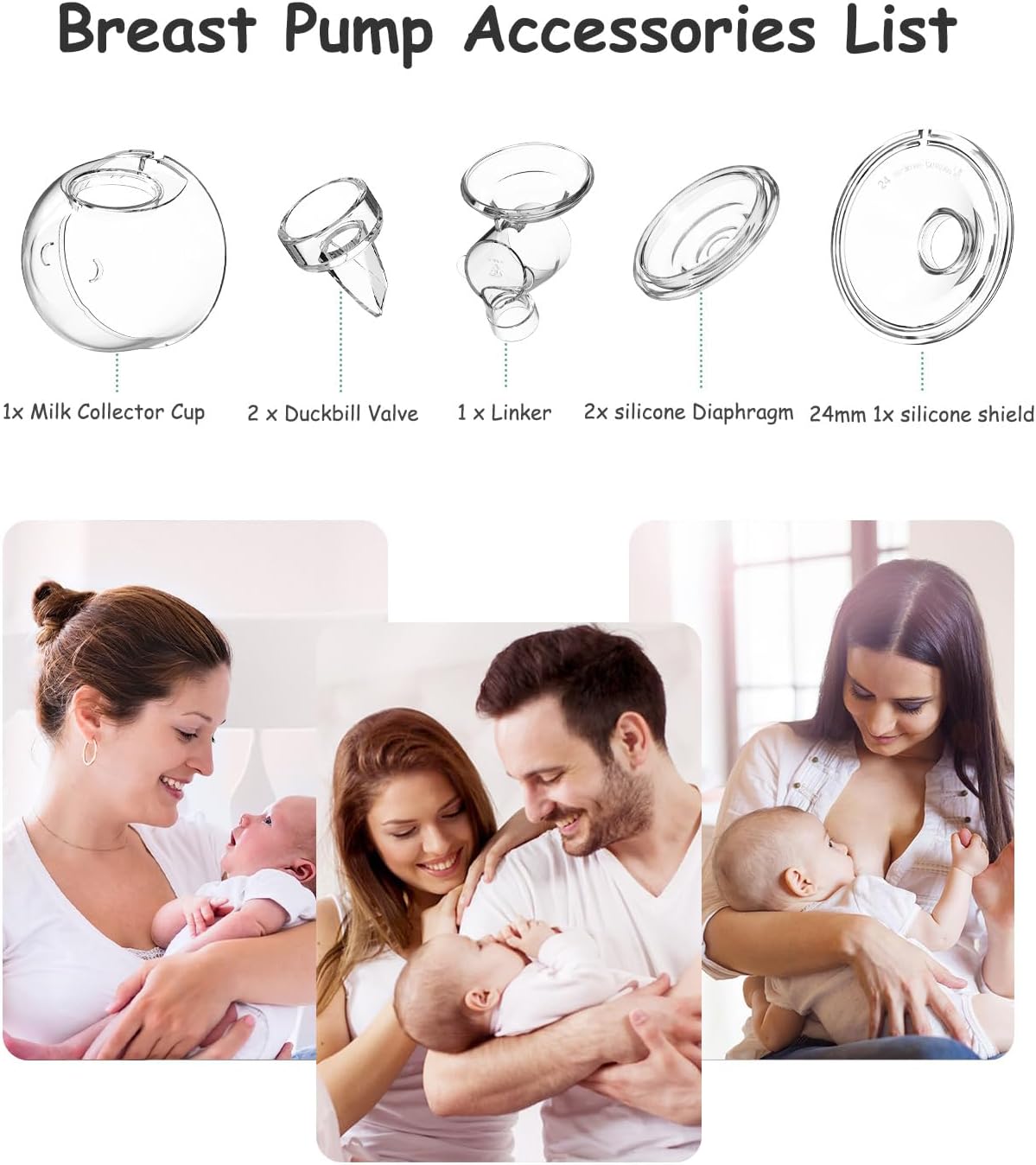 Wearable Breast Pump Replacement Parts, Milk Collector Cup Accessories, Compatible with TSRETE S12 Kmaier S12, Include Duckbill Valve, 24mm Flange, Silicone Diaphragm, Linker