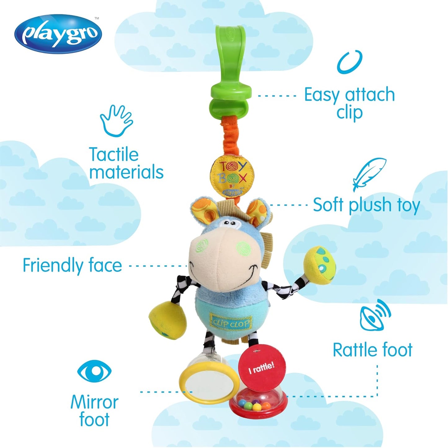Playgro Dingly Dangly Clip Clop - Melodic Infant Rattle Toy for 0+ Months with Stroller Clip, Car Seat Charm, & Crib Hanger - Engaging Developmental Fun for Newborns - Hanging Toys for Babies