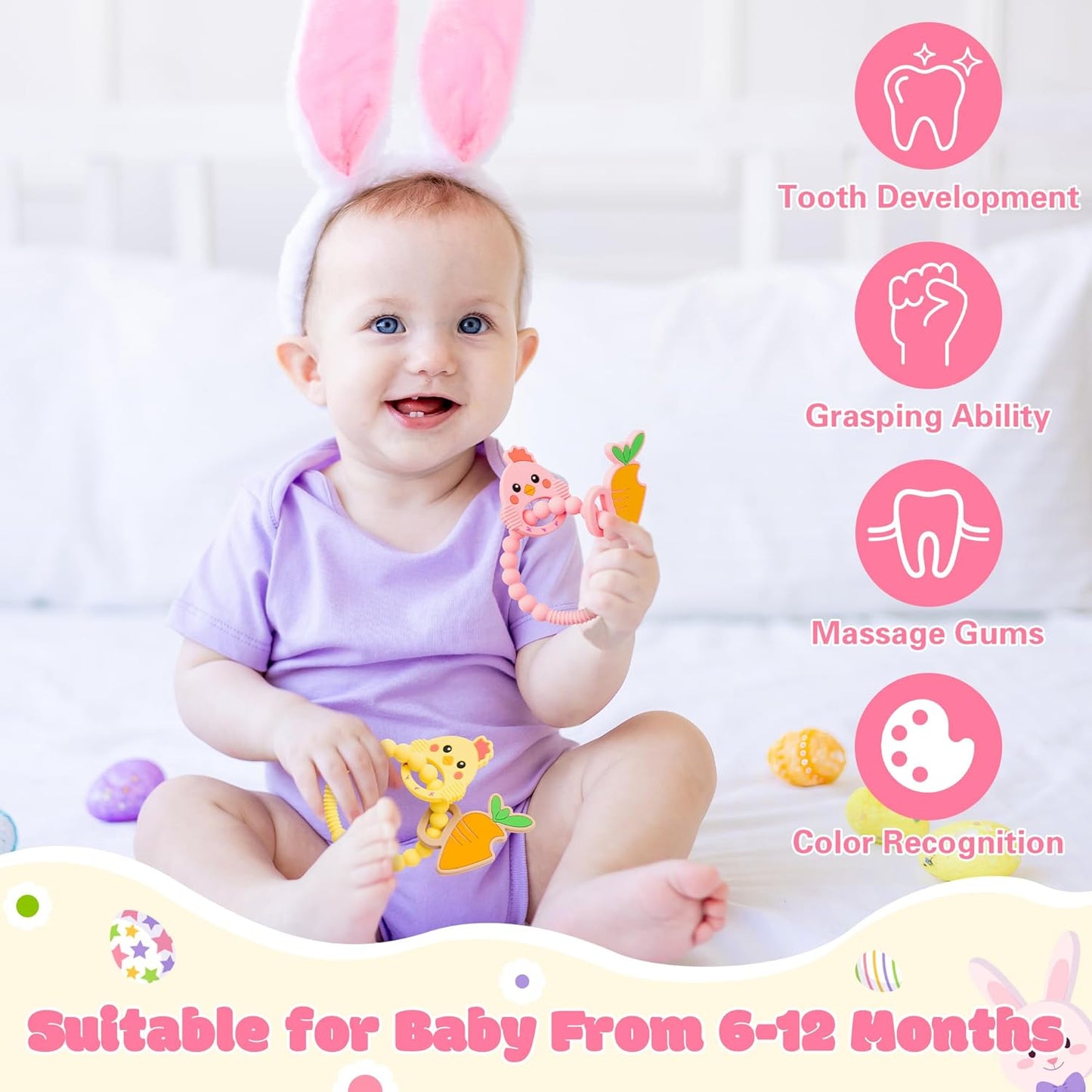 Silicone Teether Toys for Babies - 2ooya 2Pcs Pink Yellow Carrot Chick Teething Ring Infant Soft Teethers, Toddler Teething Chew Toys for Newborn Boy and Girl Baby Shower Birthday Gifts