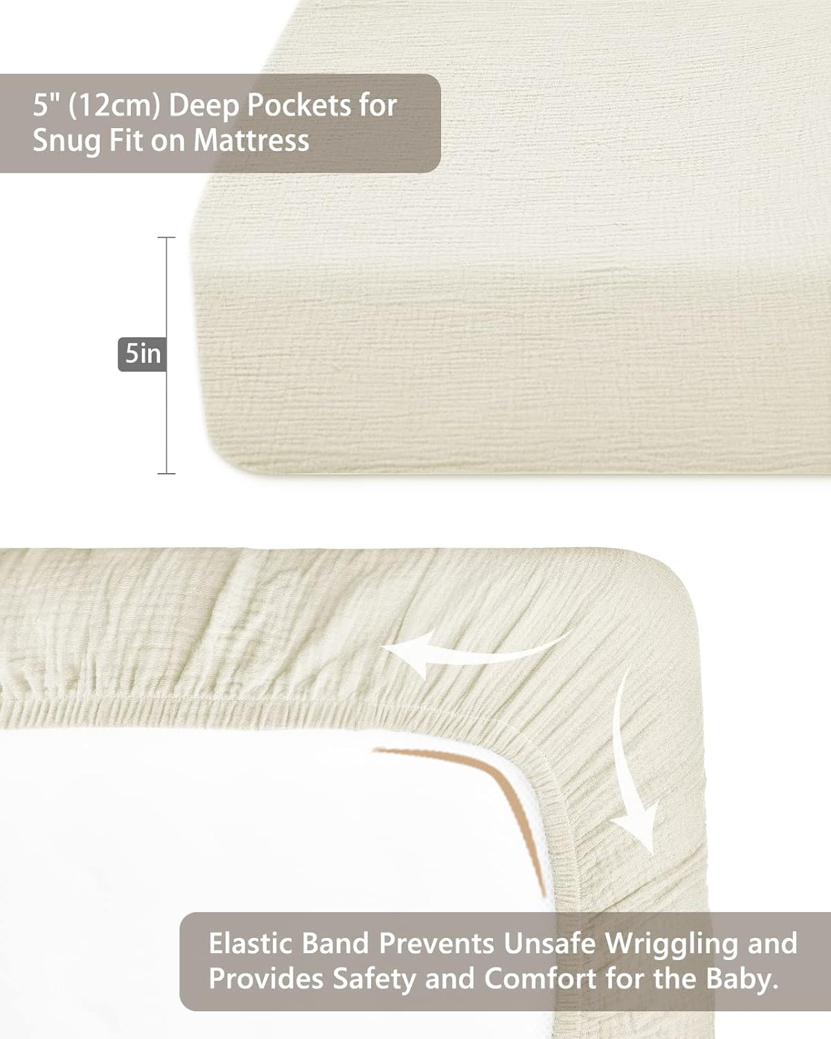 Mini Crib Sheets for Baby, Fitted Pack N Play Mattress and Mini Cribs 24" x 38", Neutral Muslin Cotton Mini Crib Mattress Sheet with Boho Style, Soft and Breathable Comfort (Cream)
