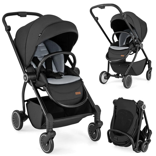 BABY JOY Baby Stroller, Foldable Toddler Stroller with Reversible Seat, Adjustable Backrest/Canopy/Handle/Footrest, Storage Basket, Suspension Wheels, Aluminum Frame (Black)