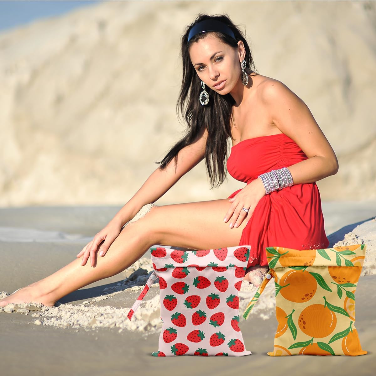 2Pcs Summer Fruits Wet Bags 12x10 Inch, Strawberry Orange Waterproof Travel Laundry Bags, Reusable Wet Dry Bag for Swimsuit Beach Diapers Dirty Yoga Gym Clothes, Travel Gifts for Women Friend