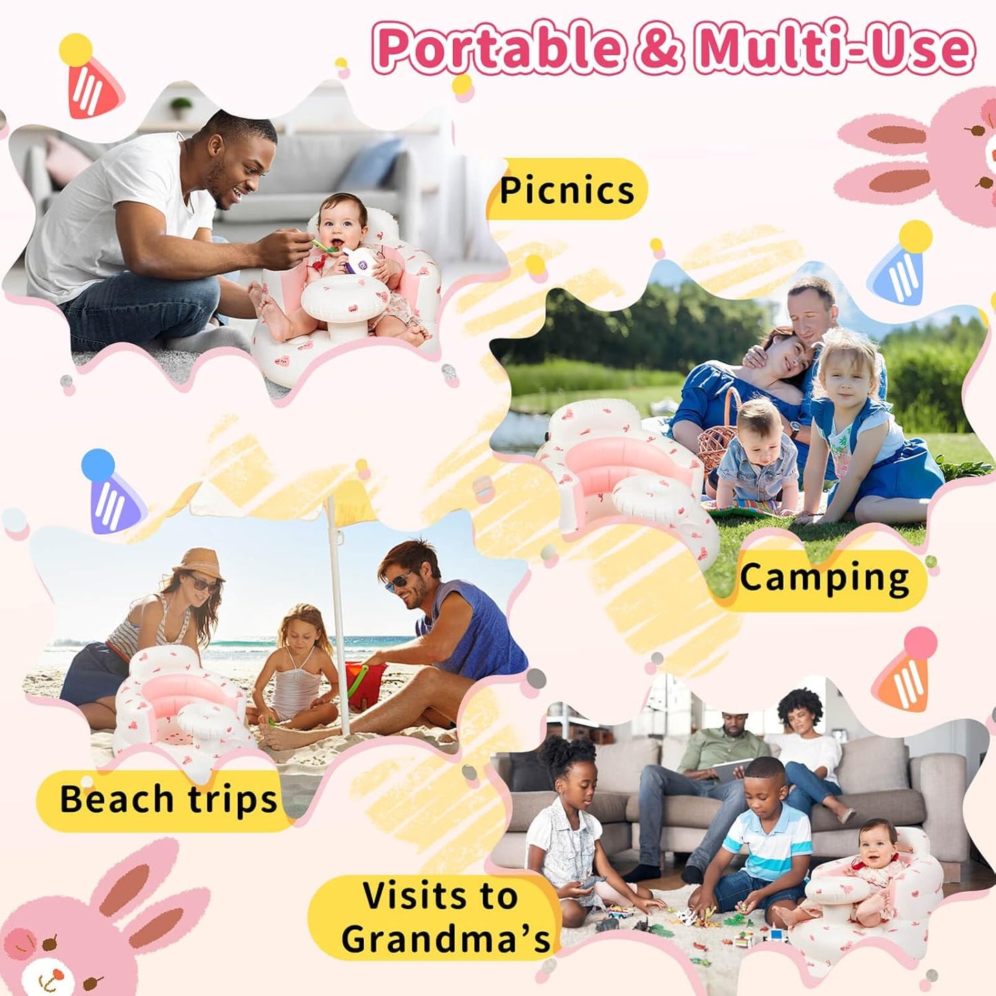 Inflatable Baby Seat for Infans for Sitting Up,Baby Chair Sit Me Up with Tray and Back Support,Learning to Sit for 4-36 Months,Includes Built-in Air Pump(Pink Bunny)