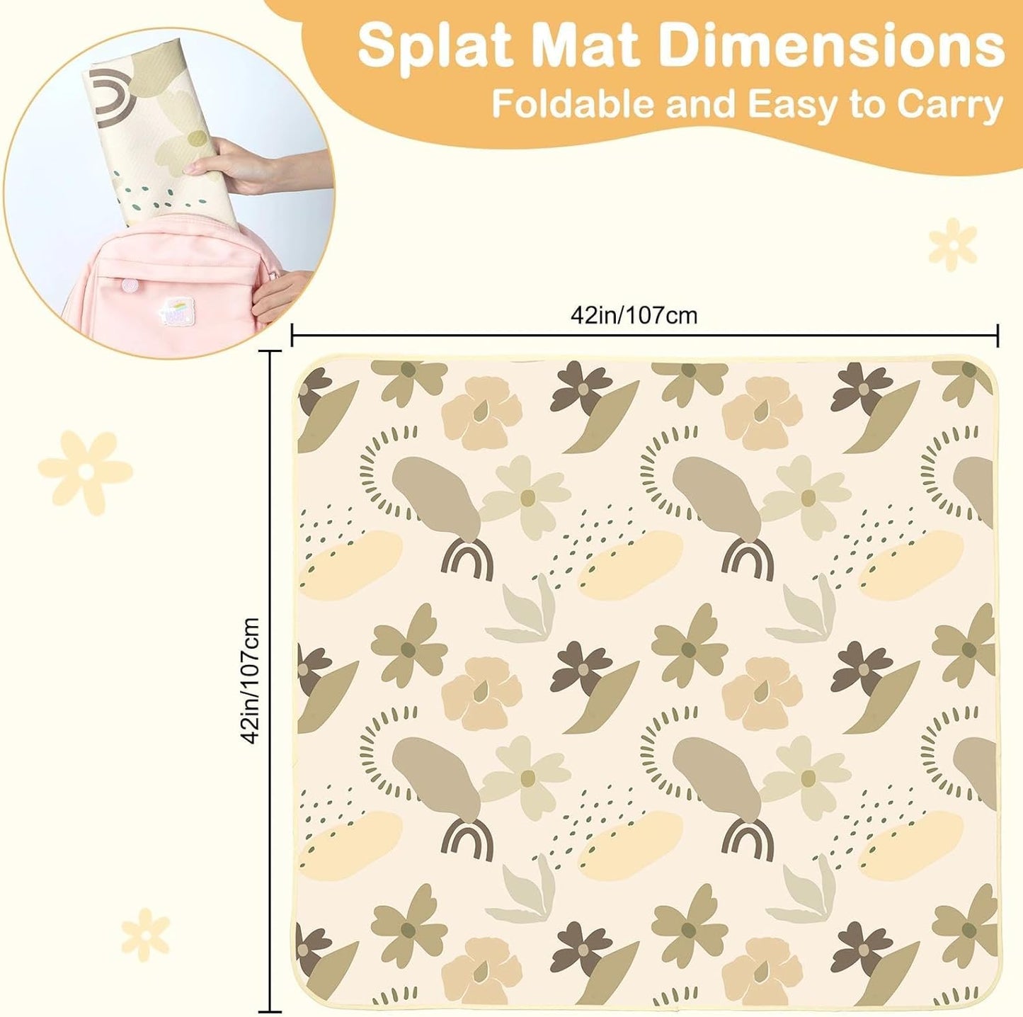 Splat Mat for Under High Chair 42 x 42 Inch Waterproof Baby Splash Mat with Non Slip Bottom Reusable Portable Highchair Mat for Floor Food Catcher for High Chair, Coffee Flowers