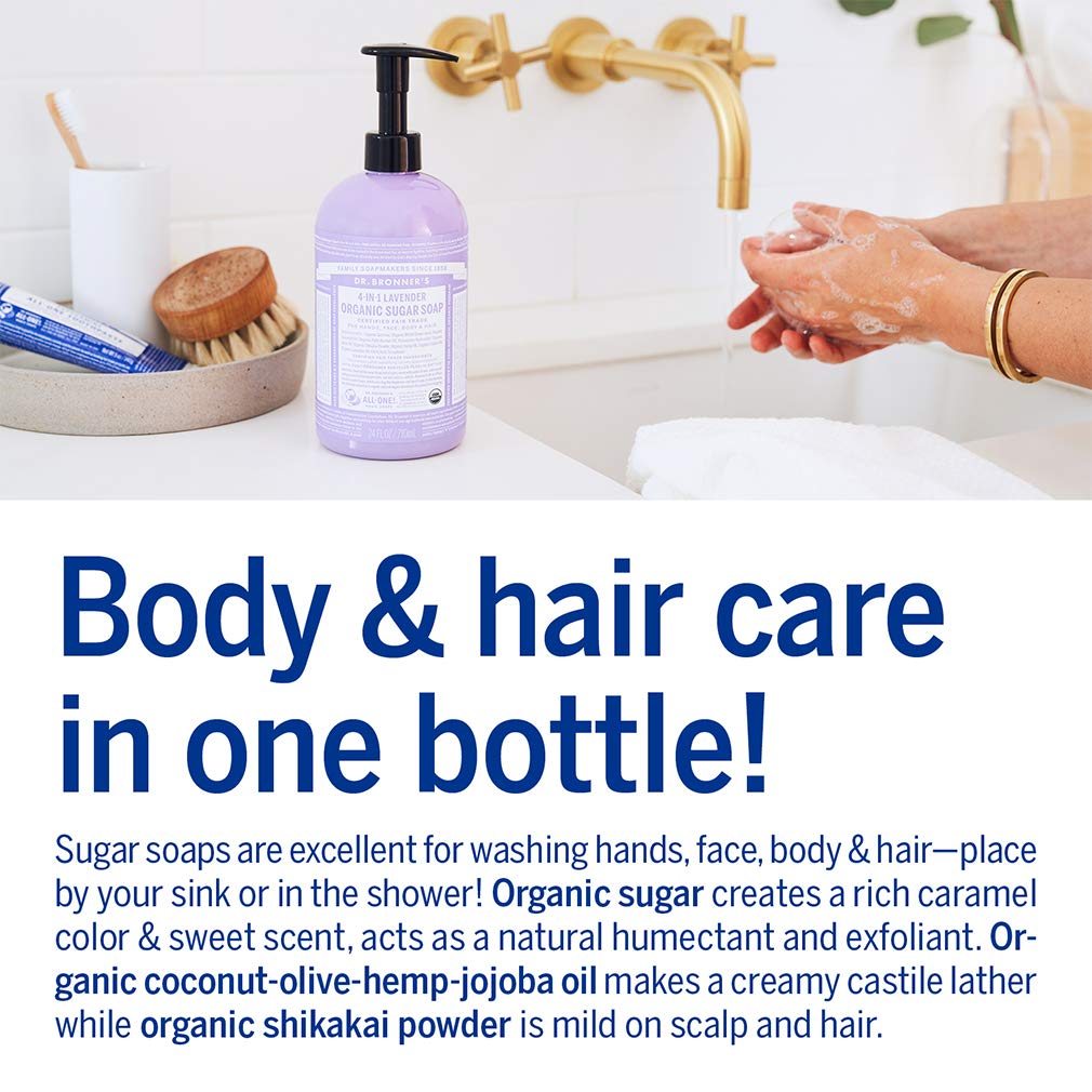 Dr. Bronner's Organic Sugar Soap (Lavender, 64 Ounce)- Made with Organic Oils, Sugar & Shikakai Powder, 4-in-1 Uses: Hand and Body Wash, Face, Hair- Cleanses, Moisturizes, Nourishes, Vegan